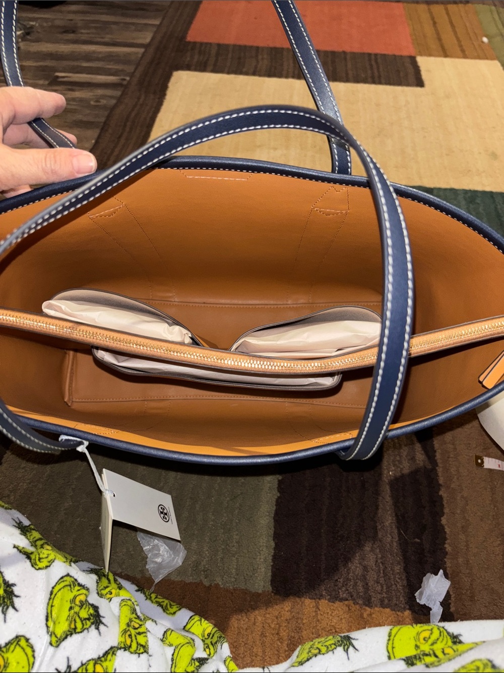 Tory Burch Denim Tote with Navy Trim and Orange Interior - Picture 6 of 10
